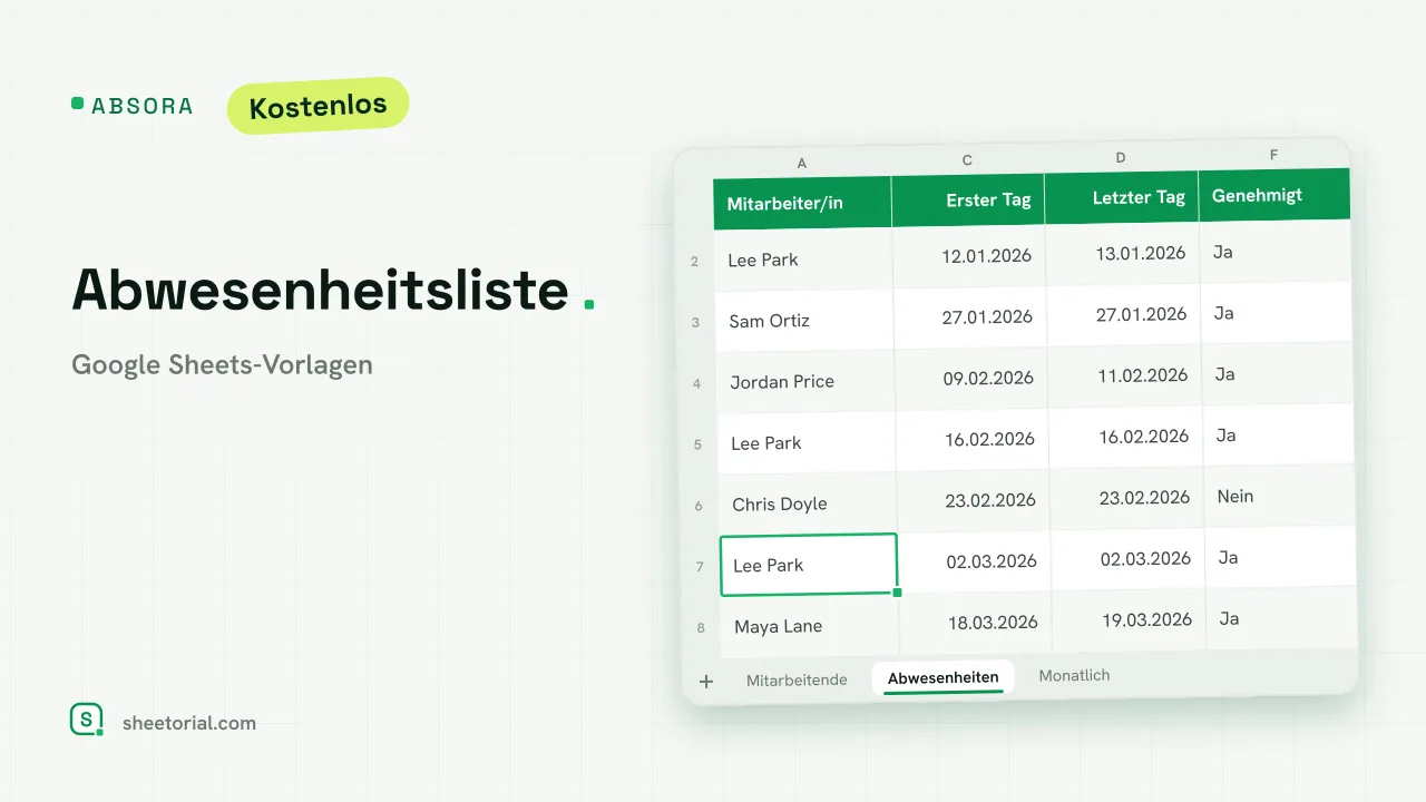 ABSORA Abwesenheitsliste für Google Sheets: Abwesenheitsprotokoll mit Person, Grund, erstem und letztem Tag, Genehmigung und Rückkehrgespräch