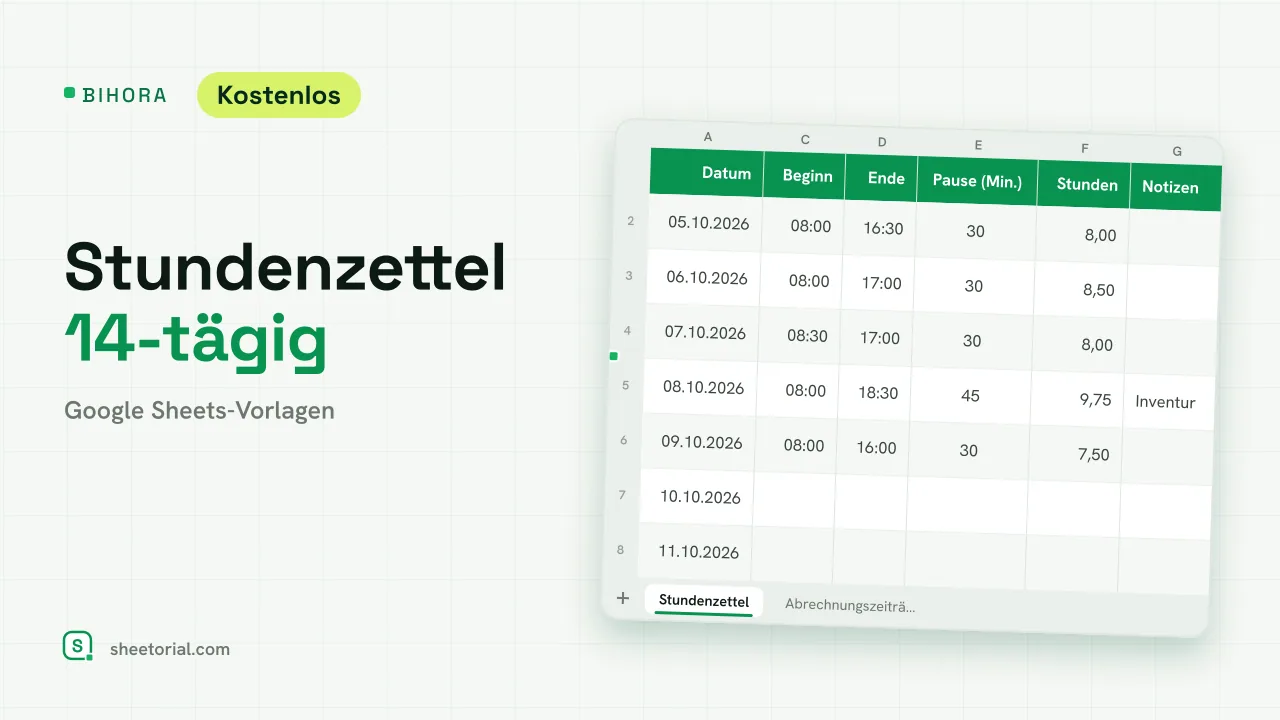 BIHORA Stundenzettel 14-tägig für Google Sheets: vierzehn Tage mit Beginn und Ende, Pausen und Stunden samt Summen des Zeitraums