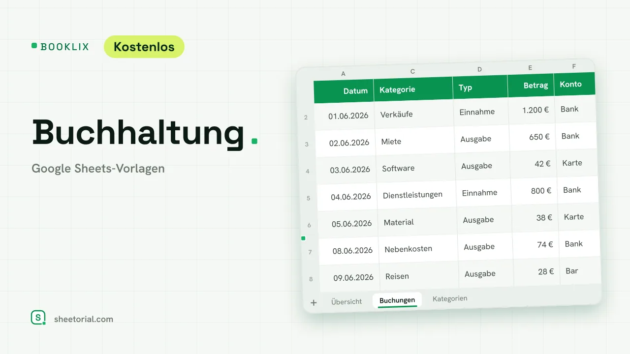 BOOKLIX Buchhaltungsvorlage für Google Sheets — Buchungen mit Kategorien und Monatsübersicht für Einnahmen, Ausgaben und Nettobetrag