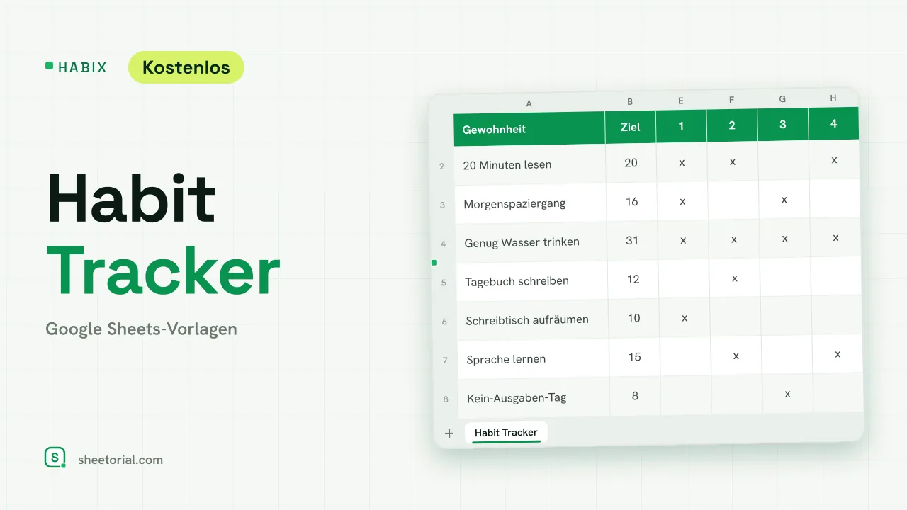 Habix Habit Tracker in Google Sheets mit acht Gewohnheiten, Juni-2026-Tagen oben und grünen x-Markierungen