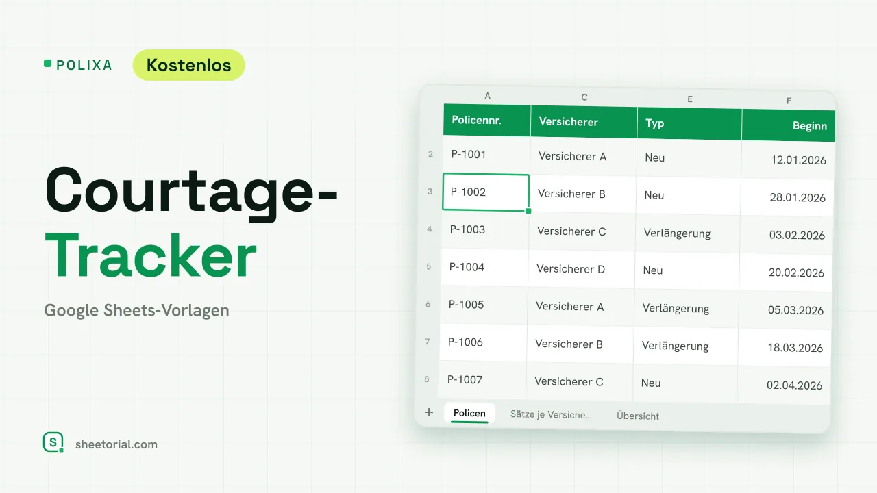 POLIXA Courtage-Tracker für Google Sheets: Policen mit Prämie, Satz des Versicherers, erwarteter und erhaltener Provision