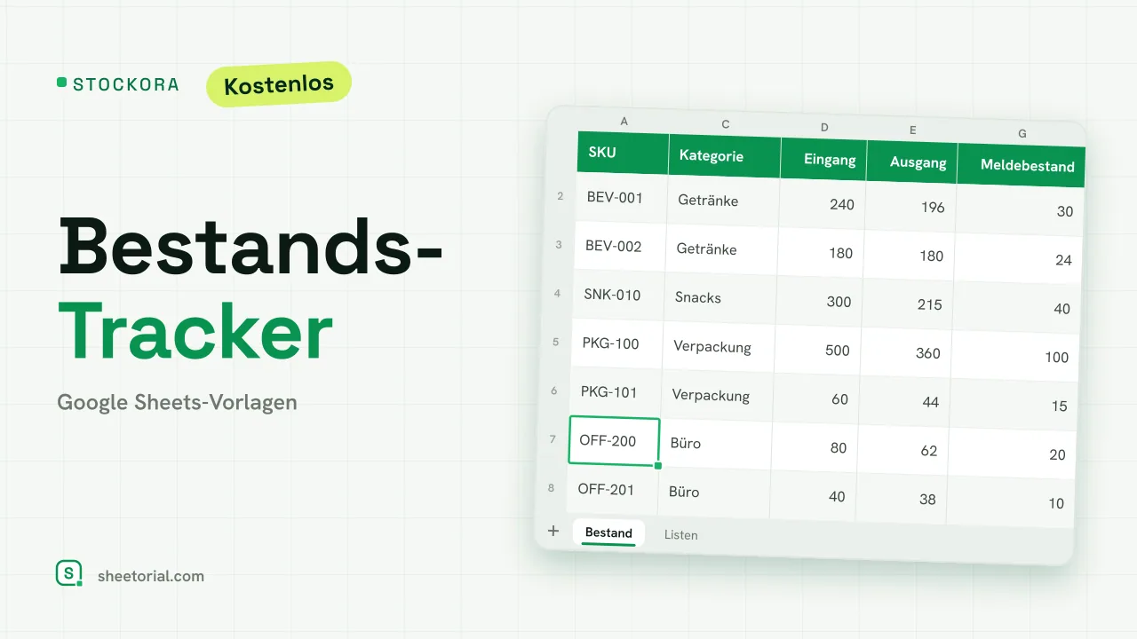 STOCKORA Lagerbestand-Vorlage für Google Sheets — Artikel mit Warenein- und -ausgang, aktuellem Bestand, Lagerwert und Meldebestand-Warnungen