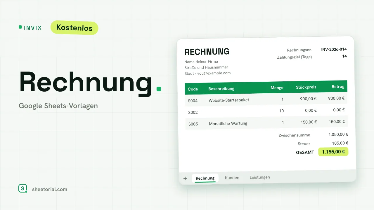 INVIX Rechnungsvorlage für Google Sheets — druckfertige A4-Rechnung mit Kunden-Dropdown und berechneten Summen