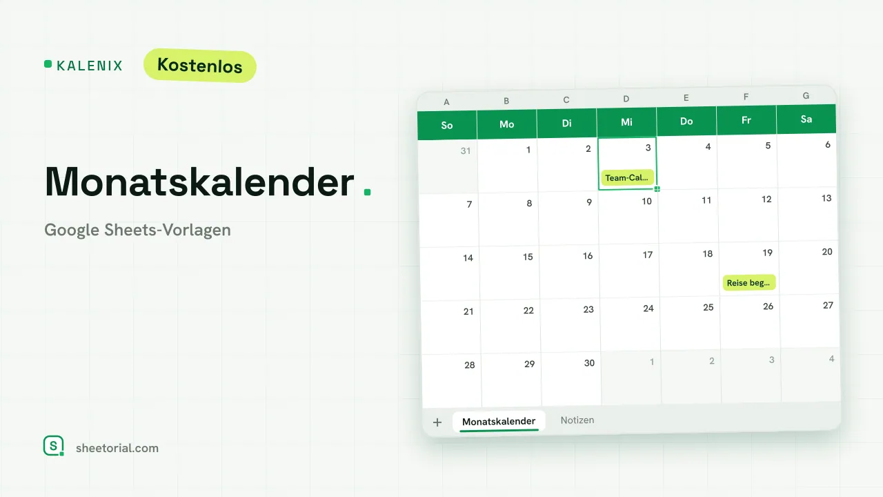 Kalenix Monatskalender-Vorlage für Google Sheets mit dem Juni-2026-Raster und Muster-Terminen