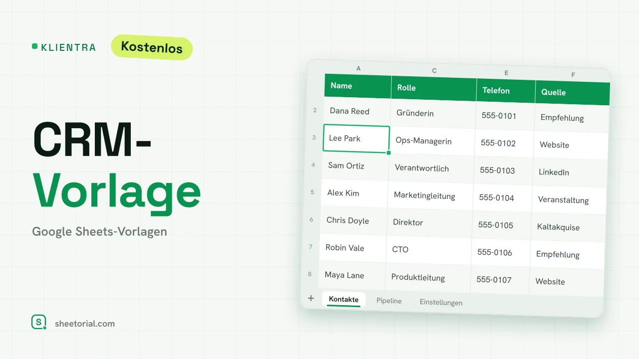 KLIENTRA CRM-Vorlage für Google Sheets — Pipeline mit Deals nach Phase, Wert und Follow-up-Alerts