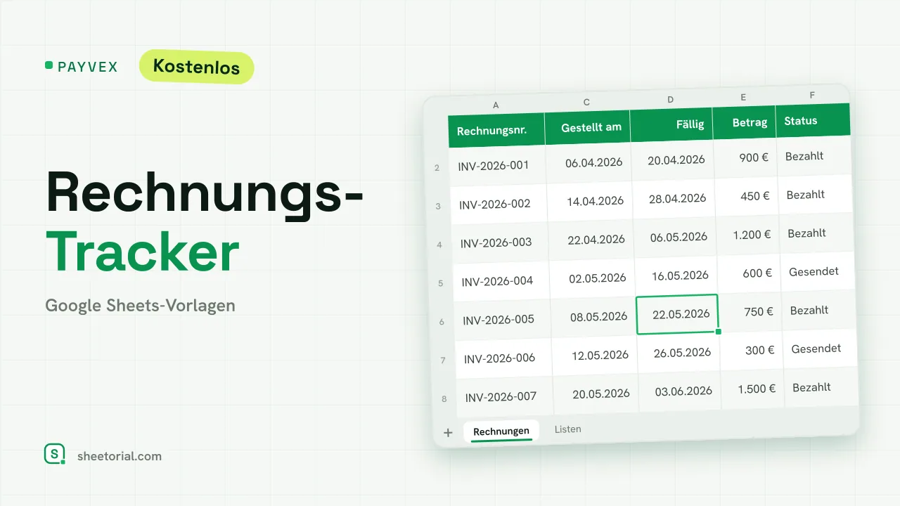 PAYVEX Rechnungs-Tracker für Google Sheets — Rechnungsliste mit Status, Verzugstagen und Inkasso-Summen