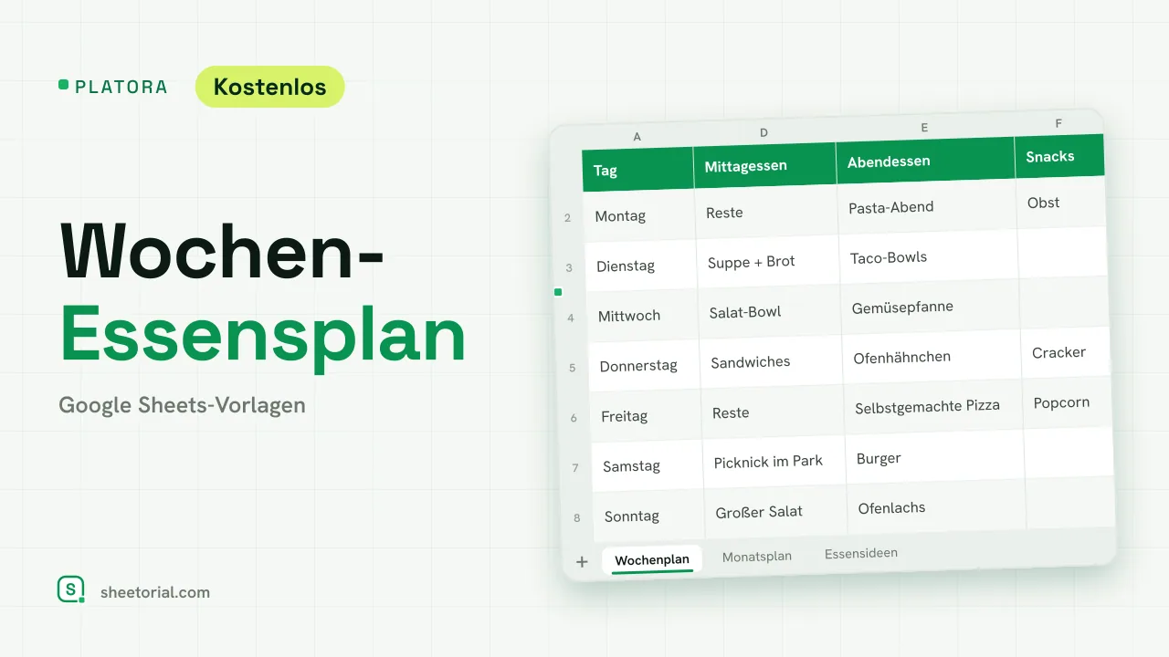 Platora Wochen-Essensplan-Vorlage in Google Sheets mit Mahlzeiten für jeden Wochentag und einer Notizen-Spalte