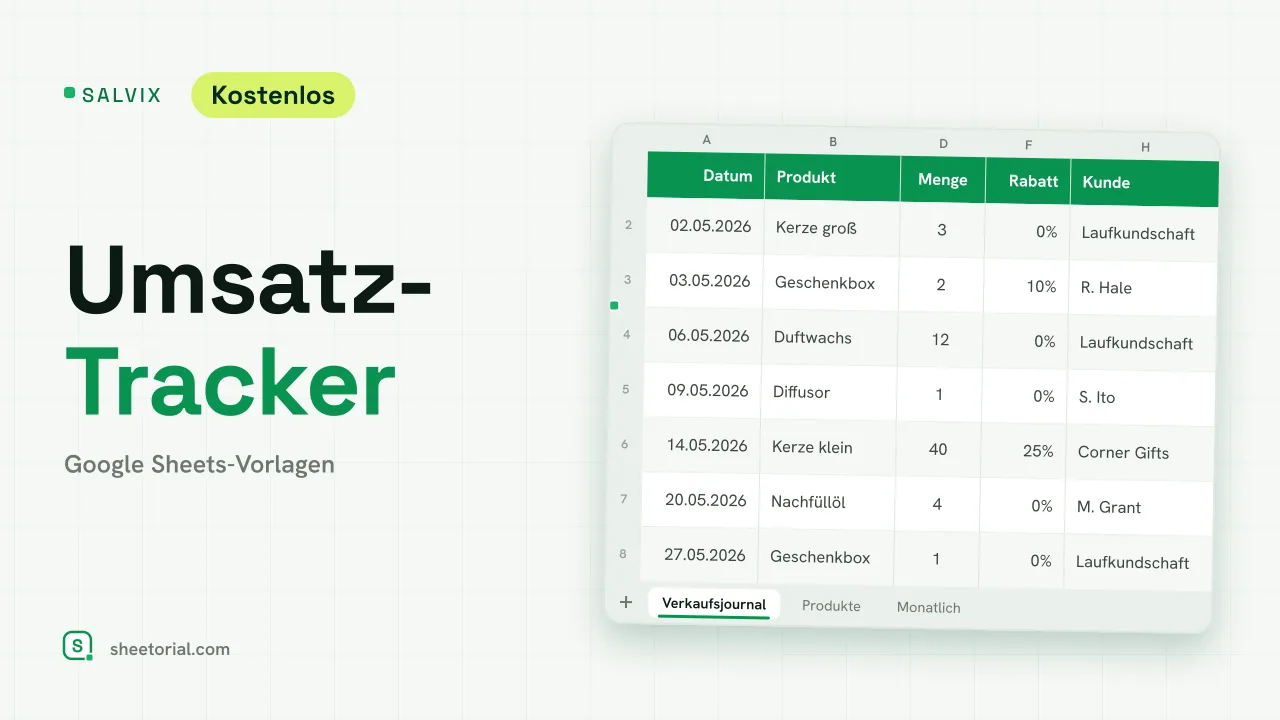 SALVIX Umsatz-Tracker für Google Sheets: Verkaufsjournal mit Produkt, Kanal, Menge, Preis, Rabatt und Summe