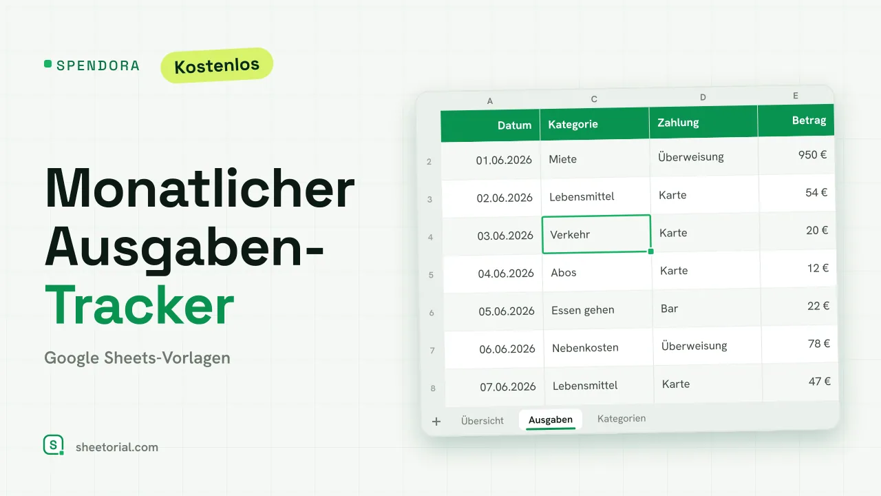 SPENDORA monatlicher Ausgaben-Tracker für Google Sheets — Übersicht mit Ausgabensummen nach Kategorien