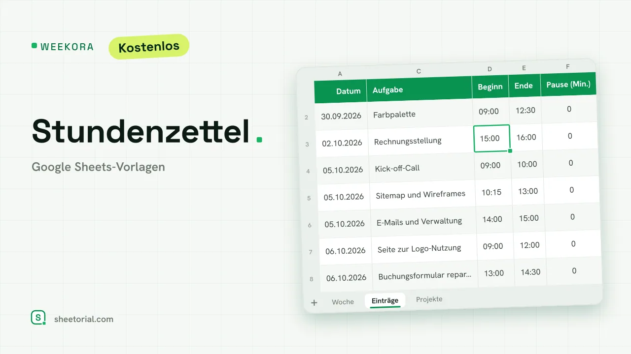 WEEKORA Stundenzettel-Vorlage für Google Sheets: Zeiteinträge mit Datum, Projekt, Aufgabe, Beginn, Ende, Pause, Stunden und abrechenbarem Betrag