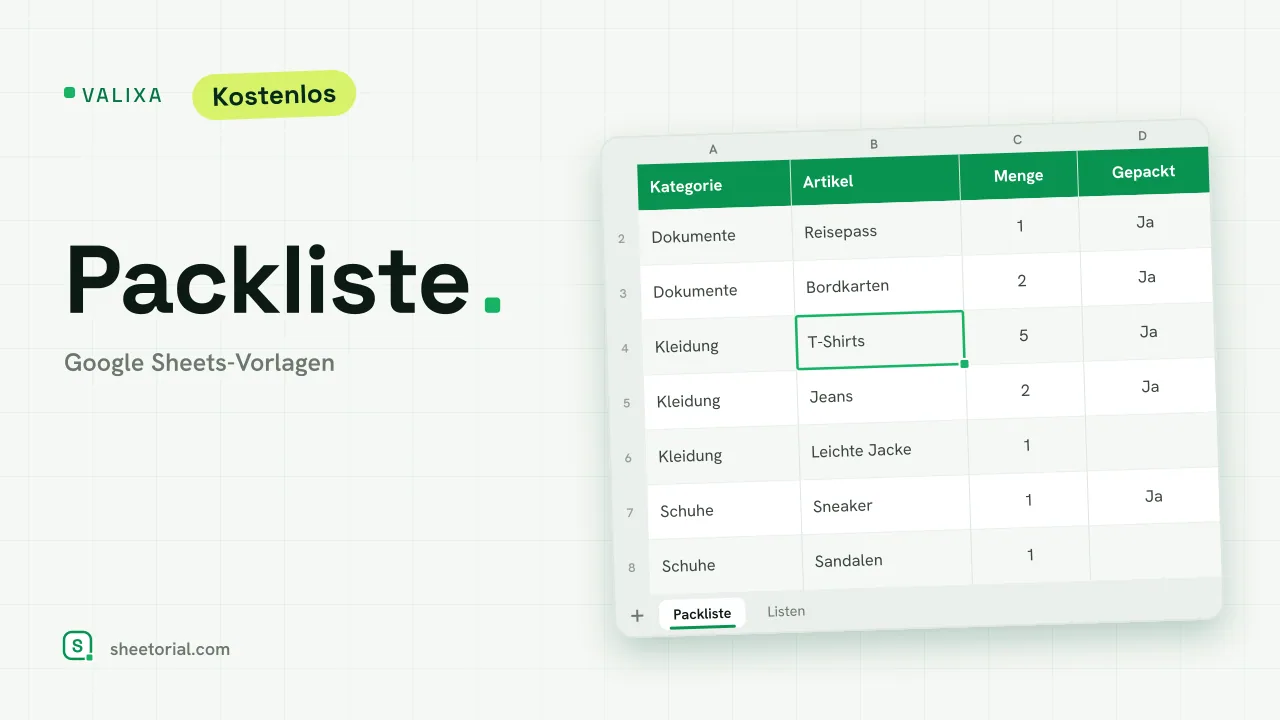 Valixa Packlisten-Vorlage in Google Sheets mit kategorisierten Artikeln und grün markierten gepackten Zeilen