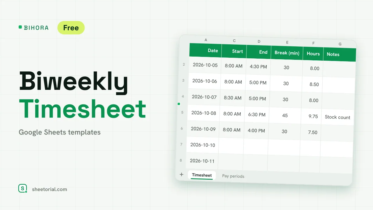 BIHORA biweekly timesheet template for Google Sheets: fourteen days of start and end times, breaks and hours with period totals