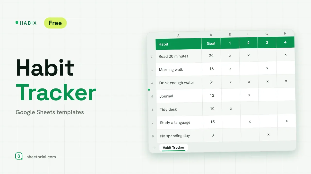 Habix habits tracker in Google Sheets with eight habits, June 2026 days across the top and green x marks