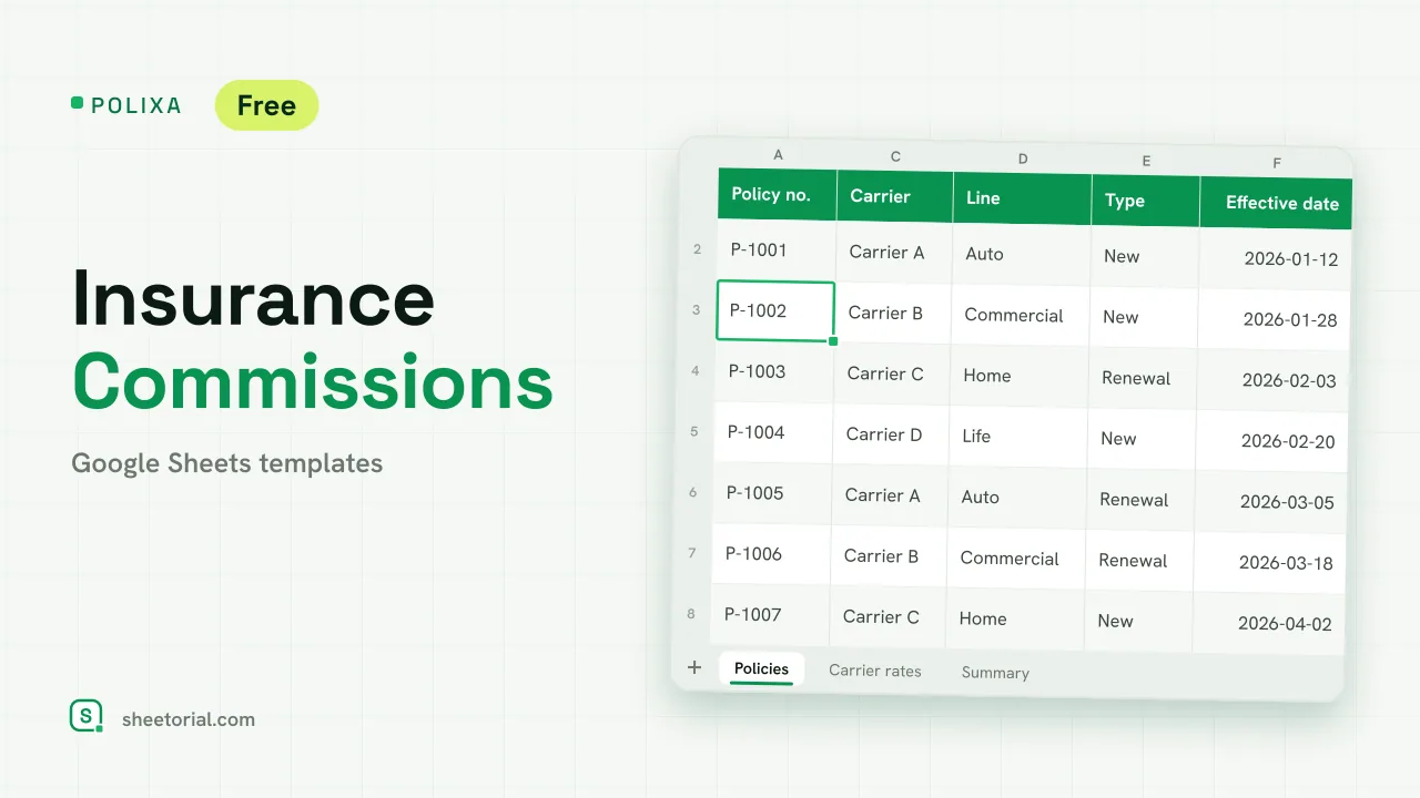 POLIXA insurance commission tracker for Google Sheets: policies with premium, carrier rate, expected and received commission