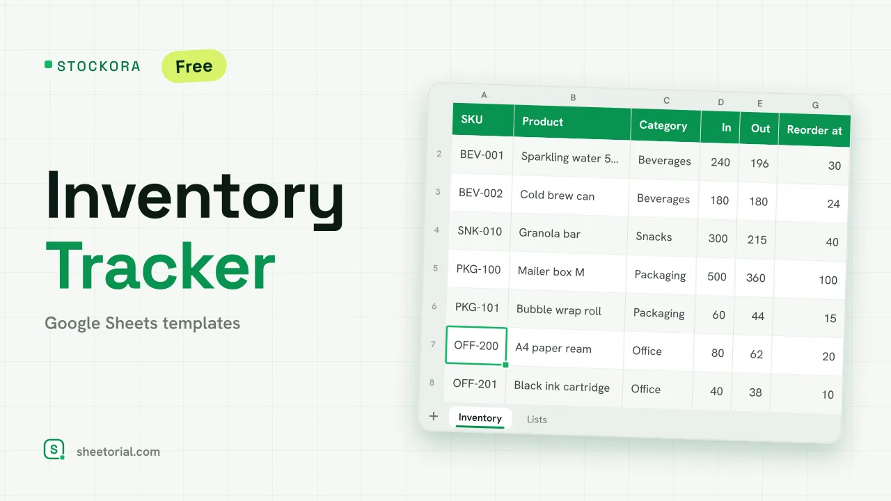 STOCKORA small business inventory template for Google Sheets — items with stock in and out, current stock, stock value and reorder alerts