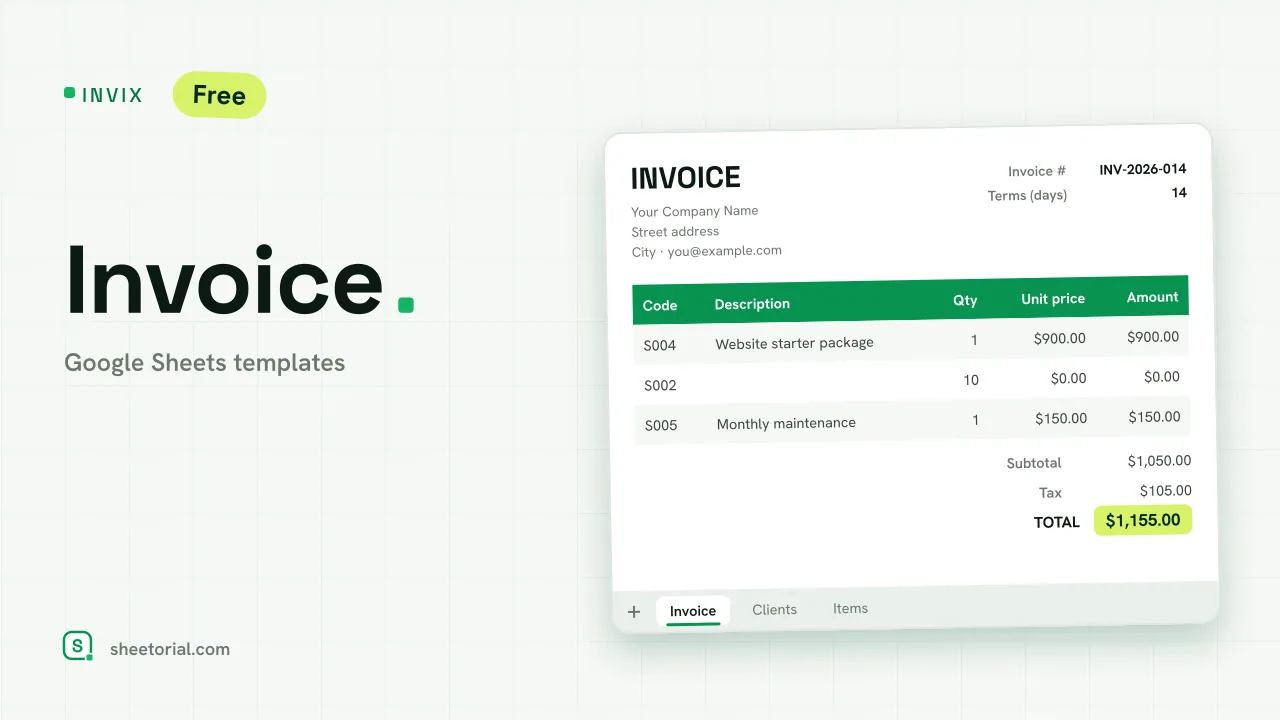 INVIX Google Sheets invoice template — print-ready A4 invoice with client dropdown and calculated totals