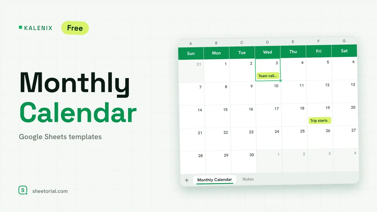 Kalenix monthly calendar template for Google Sheets showing the June 2026 grid with sample events
