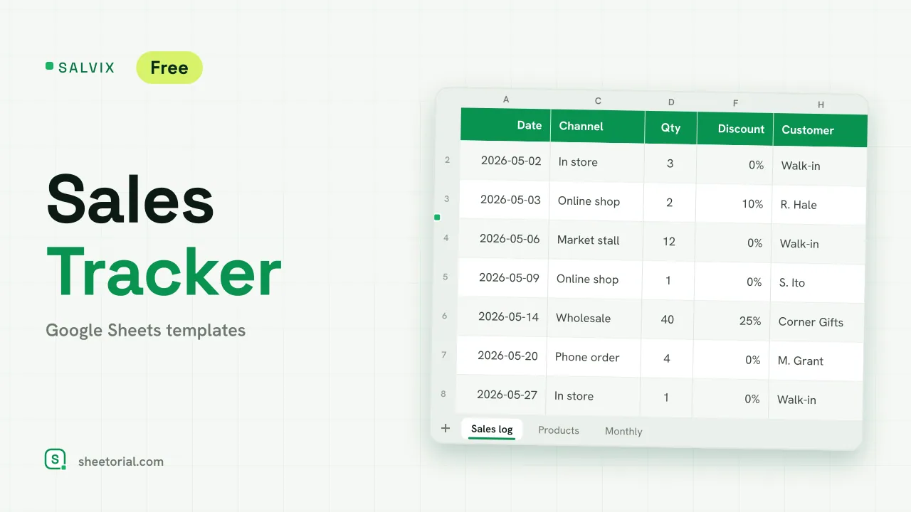 SALVIX sales tracker for Google Sheets: sales log with product, channel, quantity, price, discount and total
