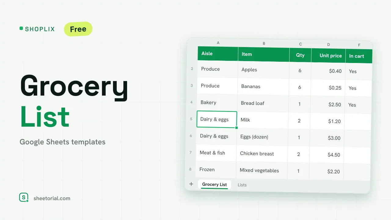 Shoplix grocery list template in Google Sheets sorted by aisle with estimated costs and a budget summary