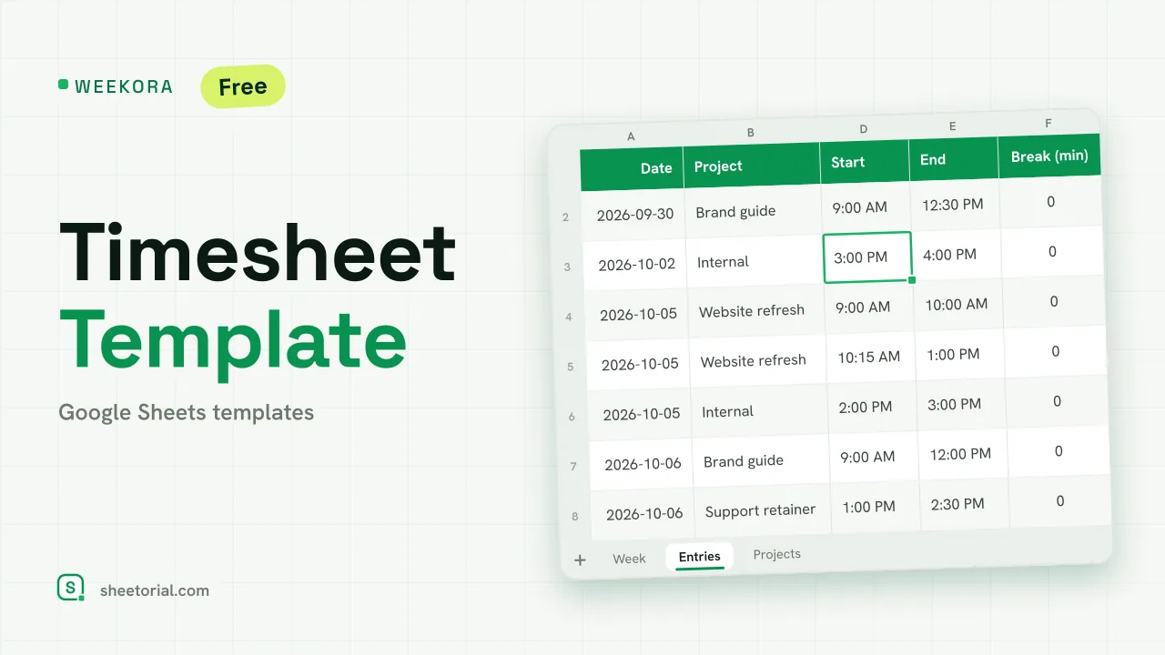 WEEKORA timesheet template for Google Sheets: time entries with date, project, task, start, end, break, hours and billable amount