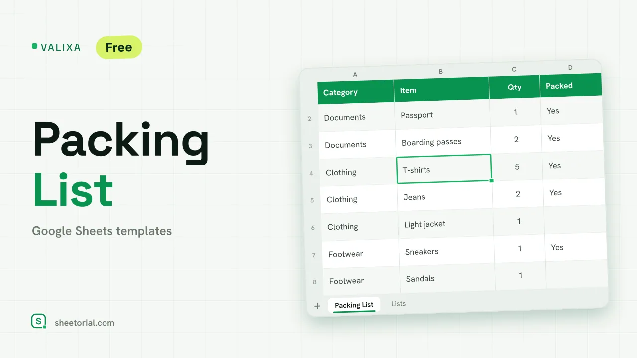 Valixa packing list template in Google Sheets with categorized items and packed rows highlighted in green