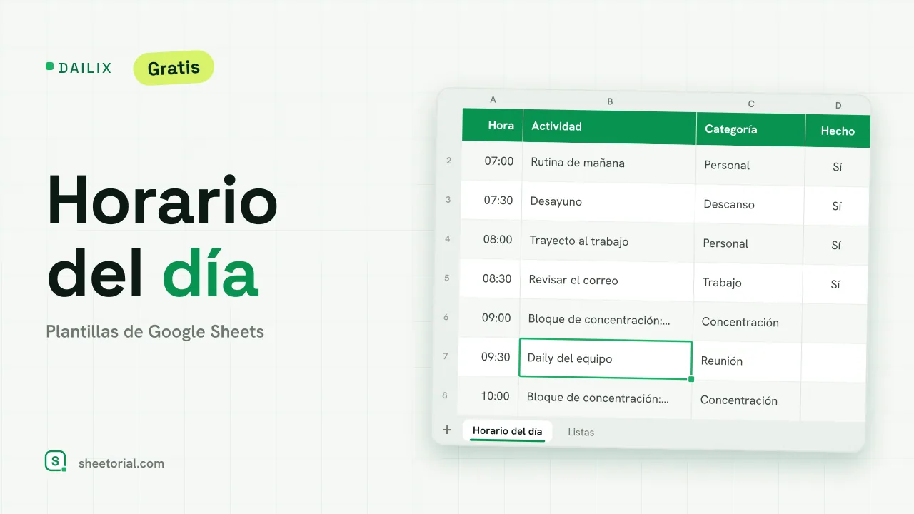 Plantilla de horario diario Dailix en Google Sheets con bloques de media hora de 7:00 a 20:30 y una caja de 3 prioridades