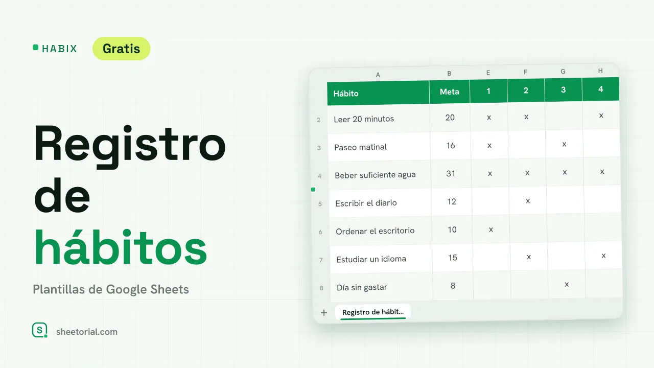Registro de hábitos Habix en Google Sheets con ocho hábitos, días de junio 2026 en las columnas y marcas x en verde