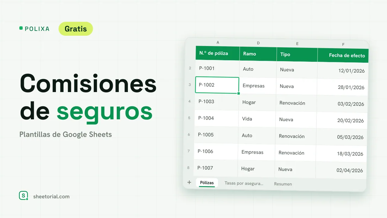 POLIXA control de comisiones de seguros para Google Sheets: pólizas con prima, tasa de la aseguradora, comisión esperada y cobrada