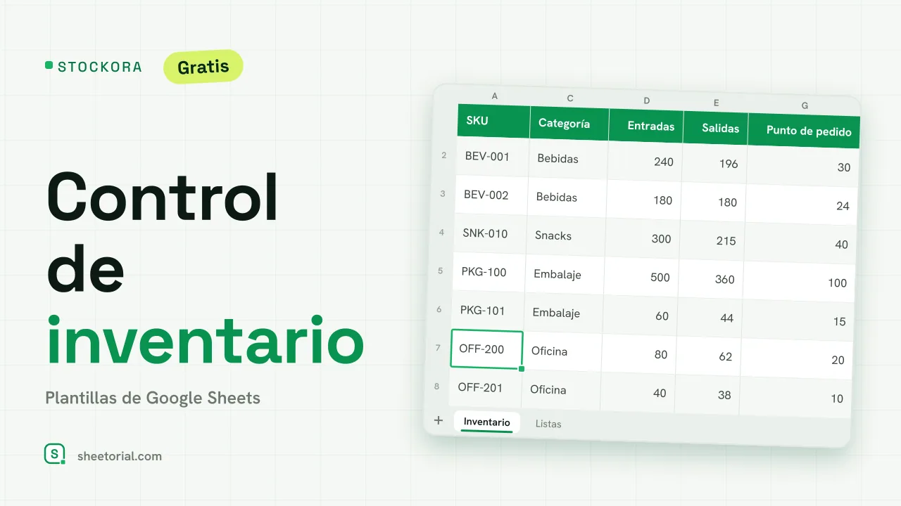STOCKORA plantilla de inventario para Google Sheets — artículos con entradas y salidas, existencias actuales, valor del stock y alertas de punto de pedido