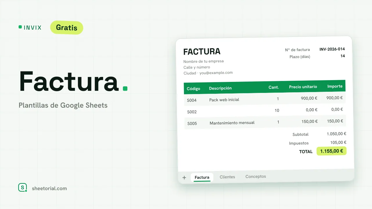 Plantilla de factura INVIX para Google Sheets — factura lista para imprimir en A4 con desplegable de cliente y totales calculados