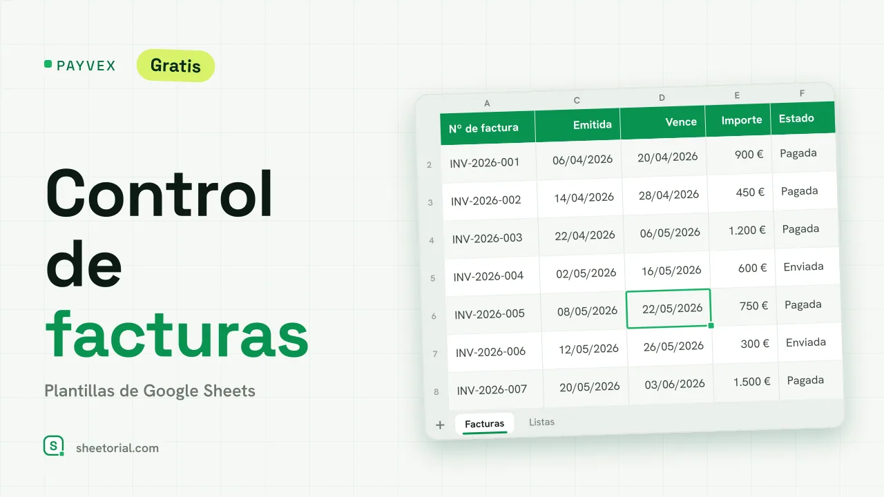 Plantilla de control de facturas PAYVEX para Google Sheets — lista de facturas con estados, días de vencimiento y totales de cobro