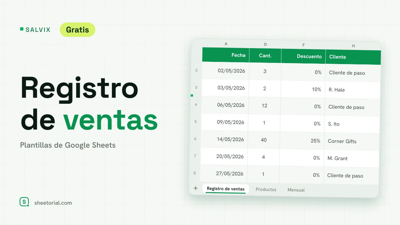 SALVIX registro de ventas para Google Sheets: ventas con producto, canal, cantidad, precio, descuento y total