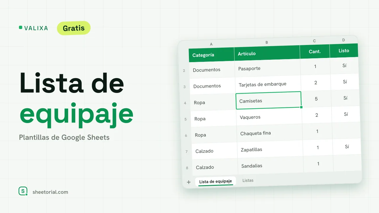 Plantilla de lista de equipaje Valixa en Google Sheets con artículos categorizados y filas marcadas resaltadas en verde