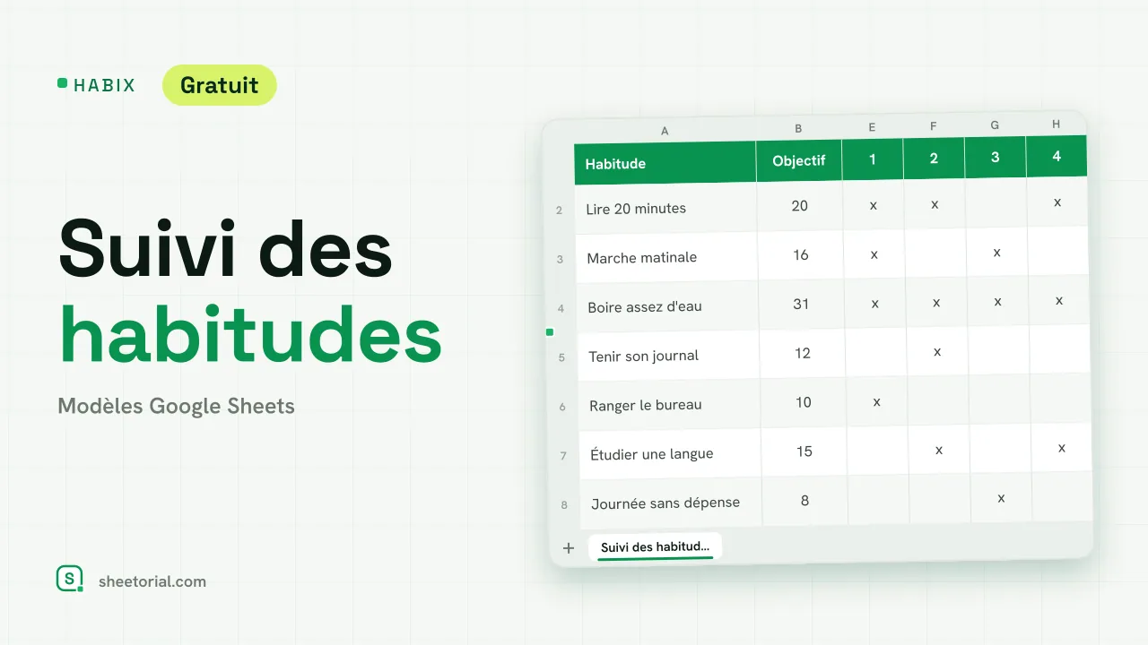 Suivi des habitudes HABIX dans Google Sheets avec huit habitudes, jours de juin 2026 en haut et x verts