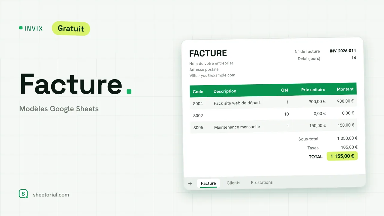 Modèle de facture Google Sheets INVIX — facture A4 prête à imprimer avec liste déroulante clients et totaux calculés