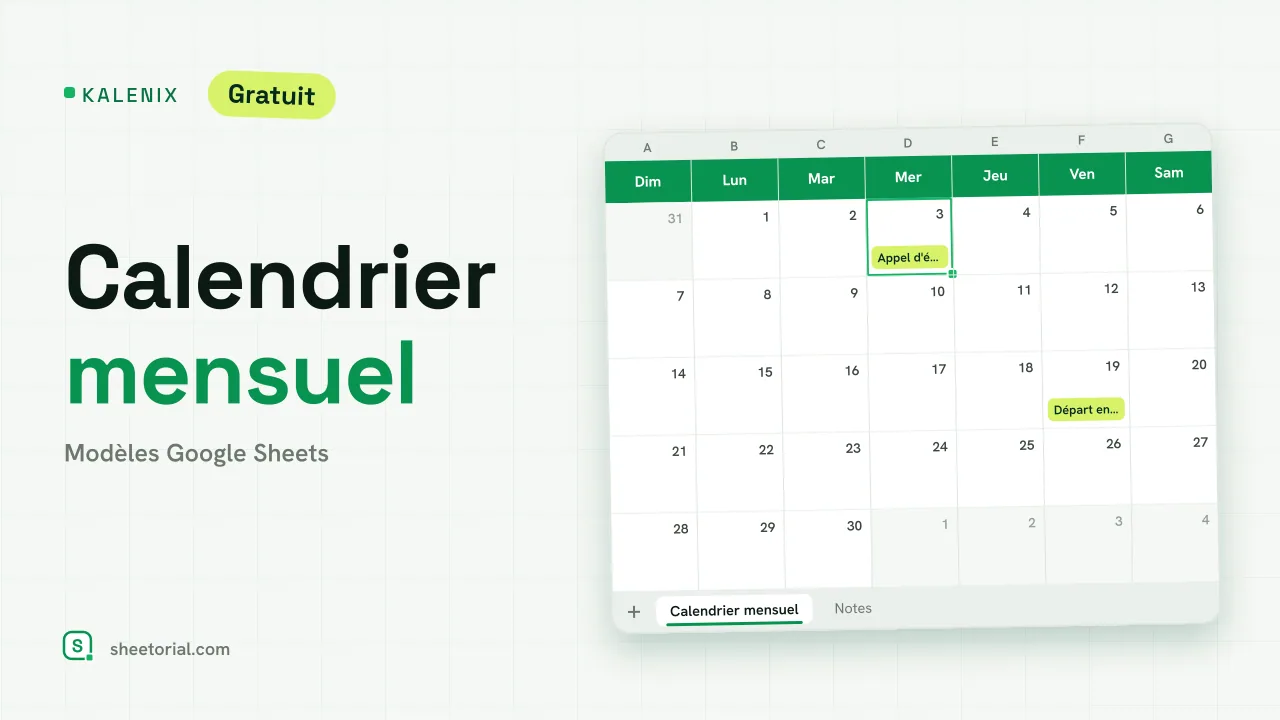 Modèle de calendrier mensuel Kalenix pour Google Sheets affichant la grille de juin 2026 avec des événements d'exemple