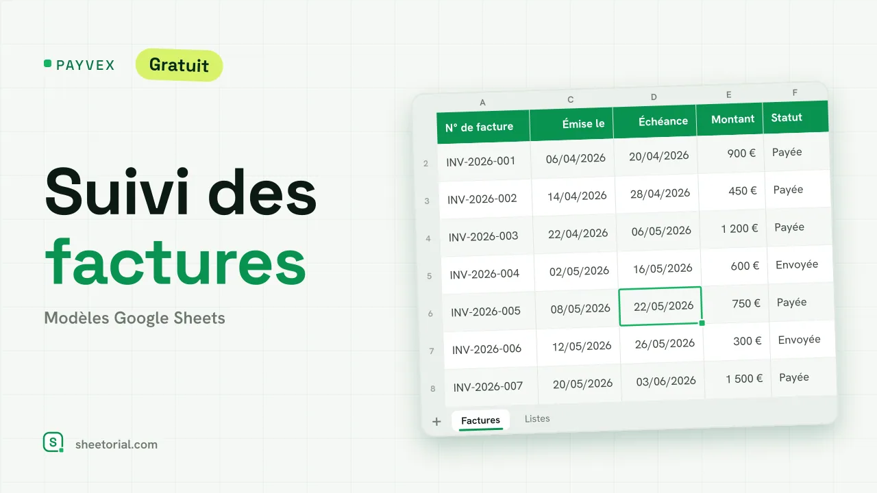 Suivi des factures PAYVEX pour Google Sheets — liste de factures avec statuts, jours de retard et totaux d'encaissement
