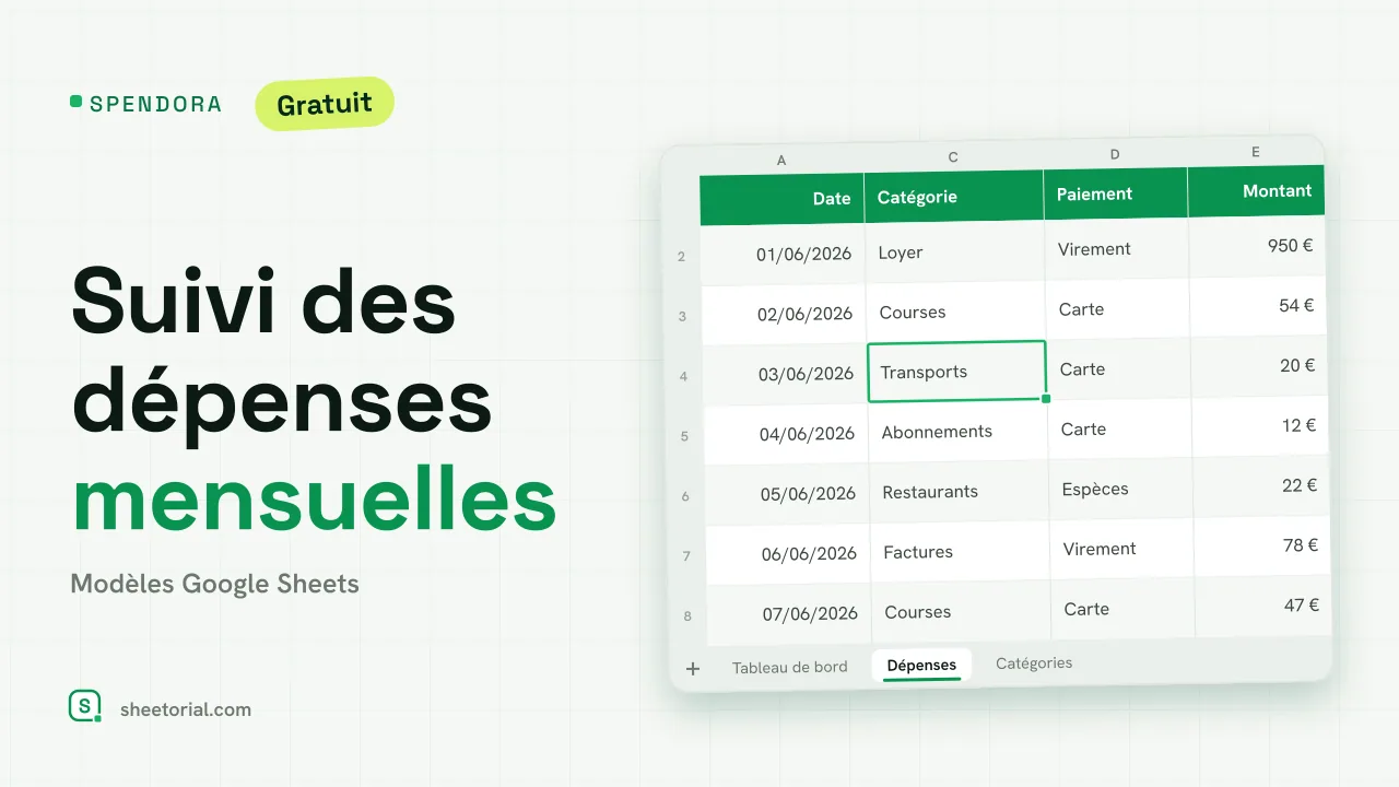 Modèle de suivi des dépenses mensuelles SPENDORA pour Google Sheets — tableau de bord avec totaux de dépenses par catégorie
