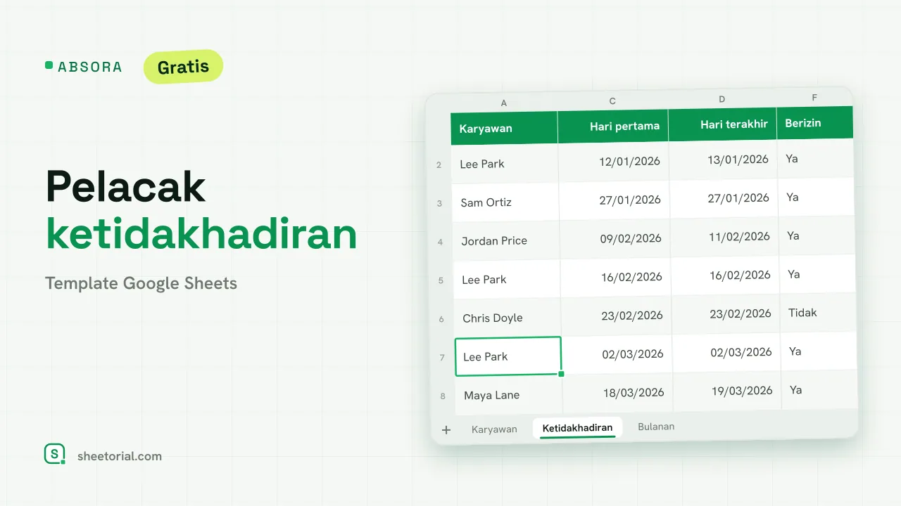 ABSORA pelacak ketidakhadiran untuk Google Sheets: catatan ketidakhadiran dengan karyawan, alasan, hari pertama dan terakhir, izin, dan wawancara kembali