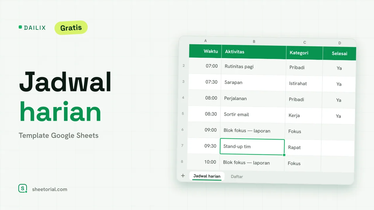 DAILIX template jadwal harian Google Sheets — blok waktu dengan kategori dan penghitung selesai