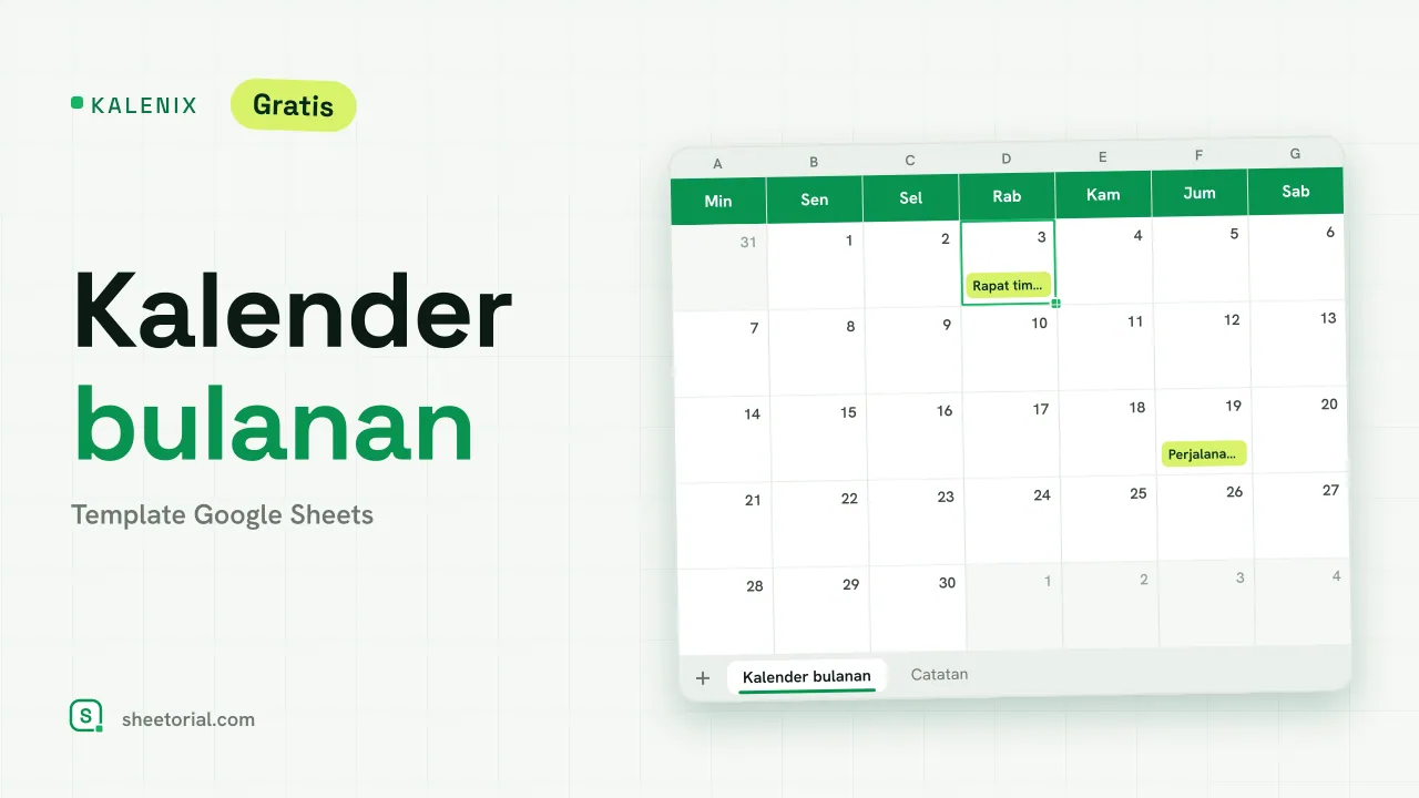 KALENIX template kalender bulanan Google Sheets — grid enam minggu dengan baris acara