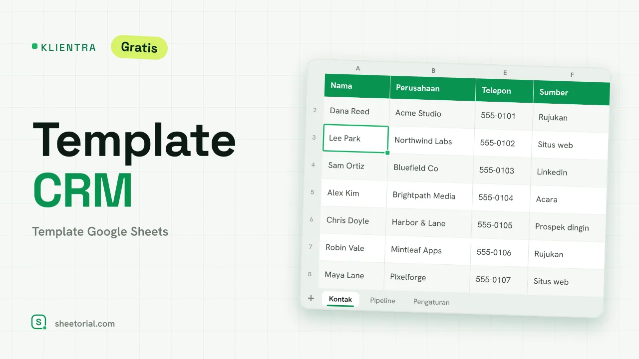 KLIENTRA template CRM Google Sheets — kontak, pipeline deal, dan pengaturan tahap