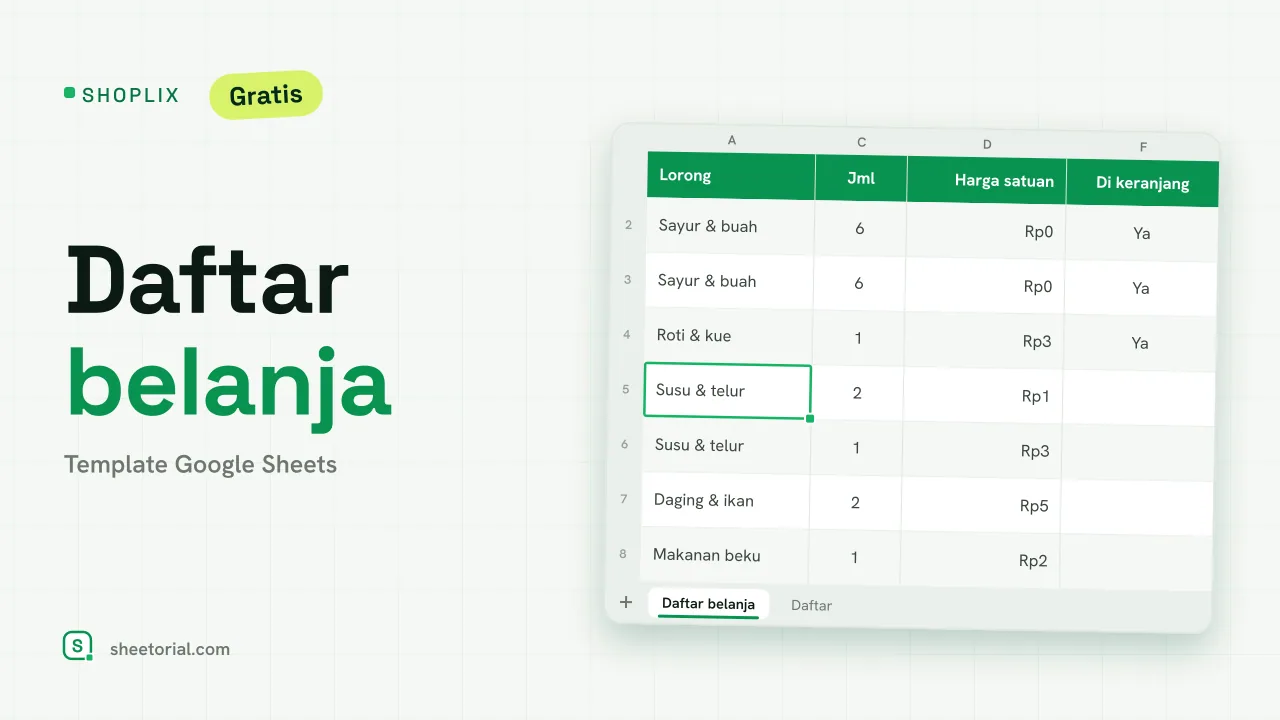 SHOPLIX template daftar belanja Google Sheets — barang per lorong dengan perkiraan biaya dan penanda keranjang