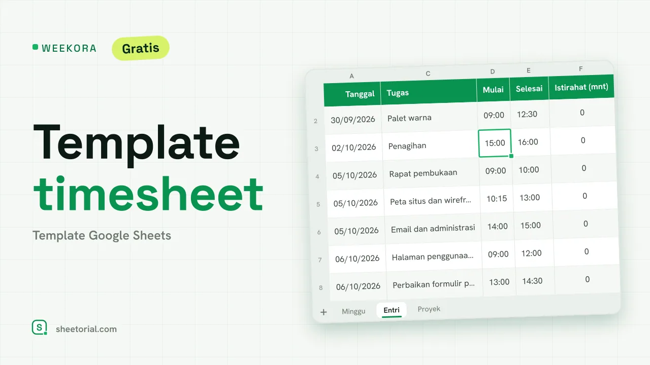 WEEKORA template timesheet untuk Google Sheets: entri dengan tanggal, proyek, tugas, mulai, selesai, istirahat, jam, dan jumlah yang ditagihkan