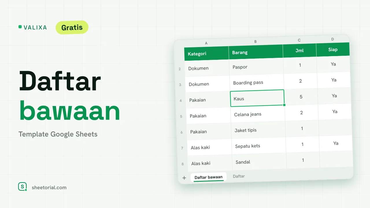 VALIXA template daftar bawaan Google Sheets — barang per kategori dengan penghitung kemajuan