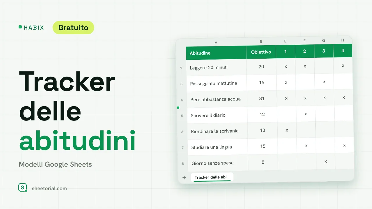 Tracker delle abitudini Habix in Google Sheets con otto abitudini, i giorni di giugno 2026 in cima e segni x verdi