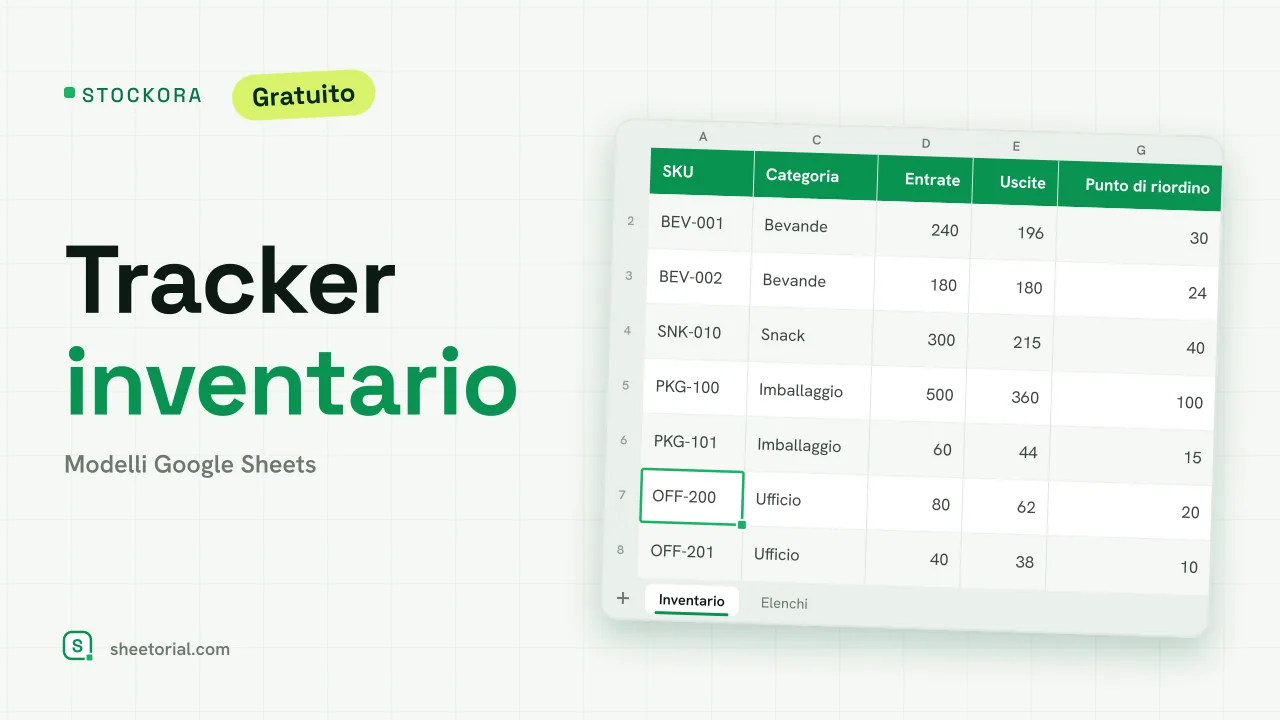 STOCKORA modello magazzino per piccole imprese in Google Sheets — articoli con entrate e uscite, giacenza, valore e avvisi di riordino