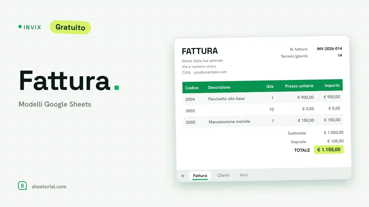 Modello di fattura INVIX per Google Sheets — fattura pronta per la stampa in A4 con menu a tendina cliente e totali calcolati