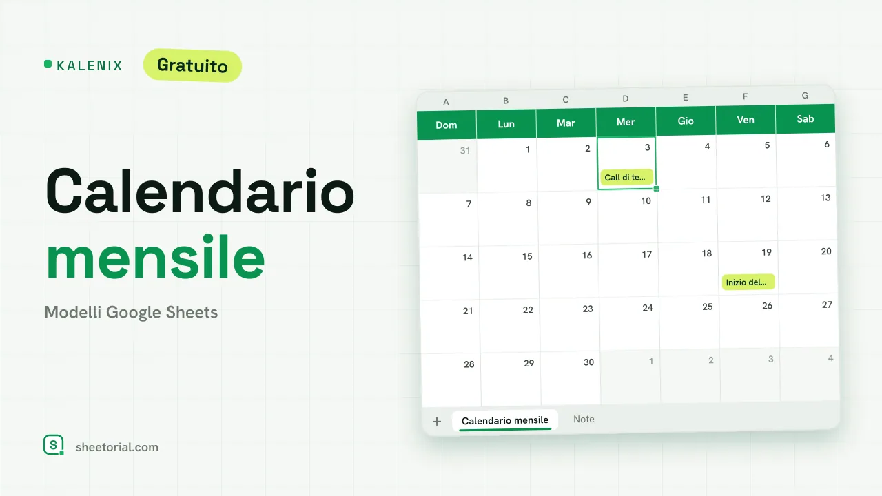 Modello di calendario mensile Kalenix per Google Sheets con la griglia di giugno 2026 e alcuni eventi di esempio