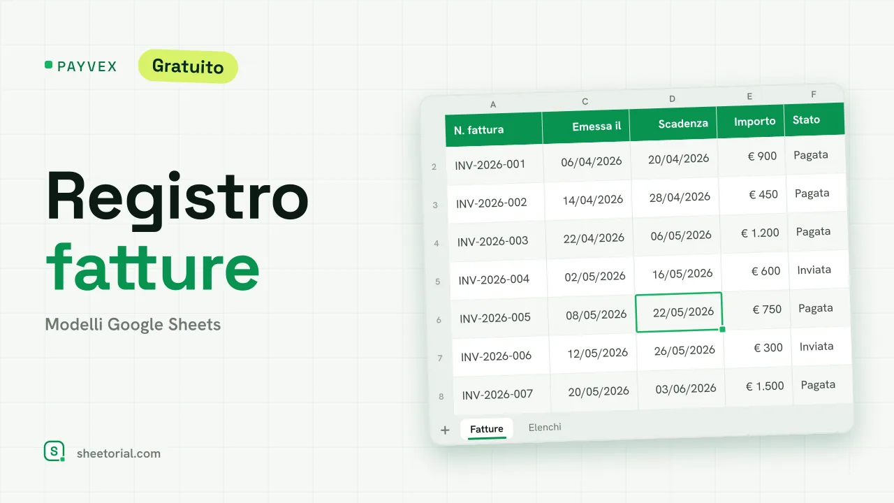 Registro fatture PAYVEX per Google Sheets — elenco fatture con stati, giorni di scadenza e totali di incasso